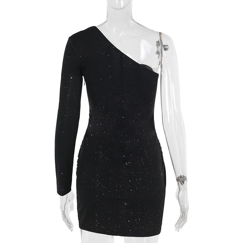 Autumn Sexy One Shoulder Long Sleeve Pleated Thin Glittering Sheath Dress Women