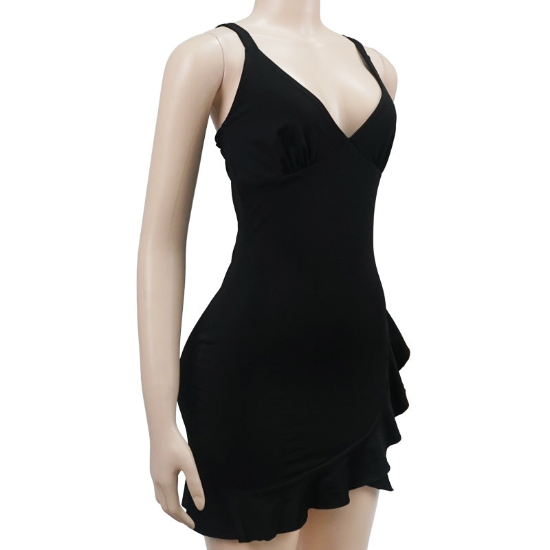 Strap V neck Corset Sleeveless Backless Slim Fit Waist Trimming Ruffles Dress