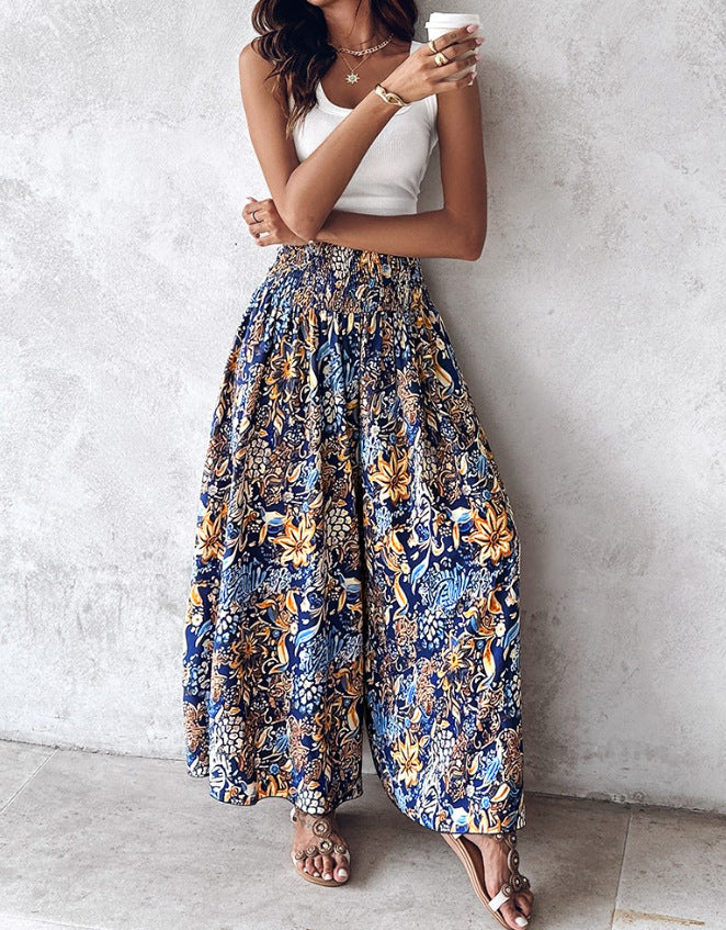 Women Clothing Printed Waist-Controlled Casual Trousers Wide Leg Pants
