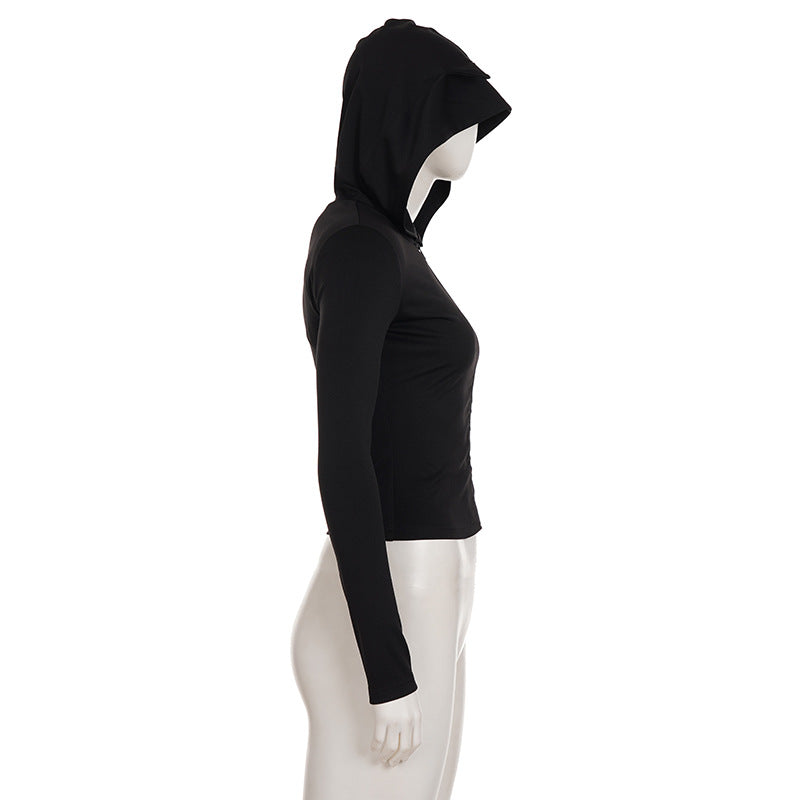 Sexy Little Devil Zipper Hooded Sweater Women Street Solid Color Slim Fit All Match Jacket