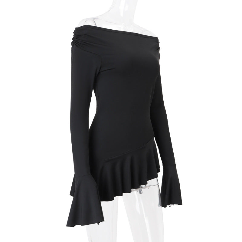 Women Clothing Spring Summer off Shoulder Bell Sleeve Long Sleeved Fitted T shirt Top Women