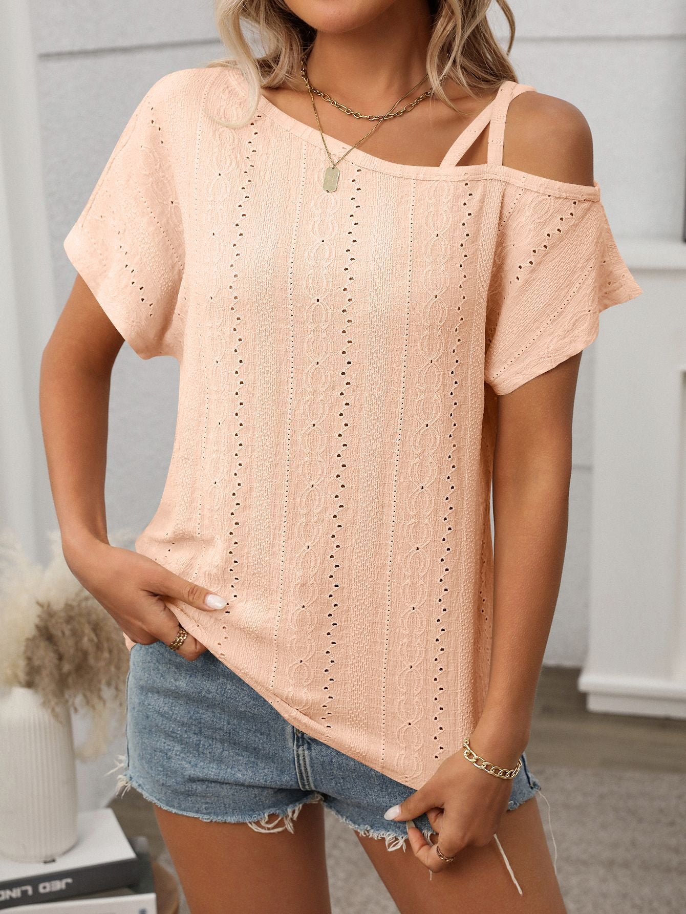 Summer Women Clothing Solid Color One Shoulder Short Sleeved T shirt Hollow Out Cutout out Top Women