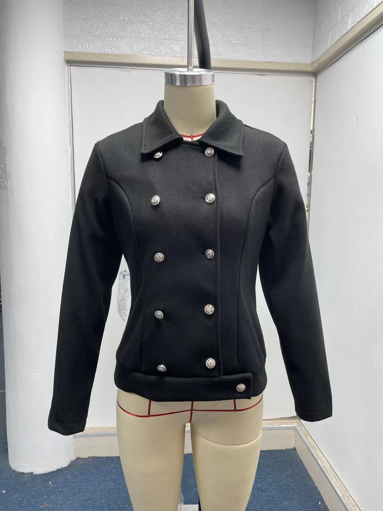 Fall Winter Slim Long Sleeve Double Breasted Collar Woolen Jacket