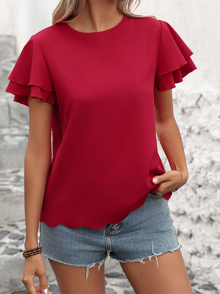 Women Clothing Double Layer Ruffle Sleeve Solid Color Top for Women Summer