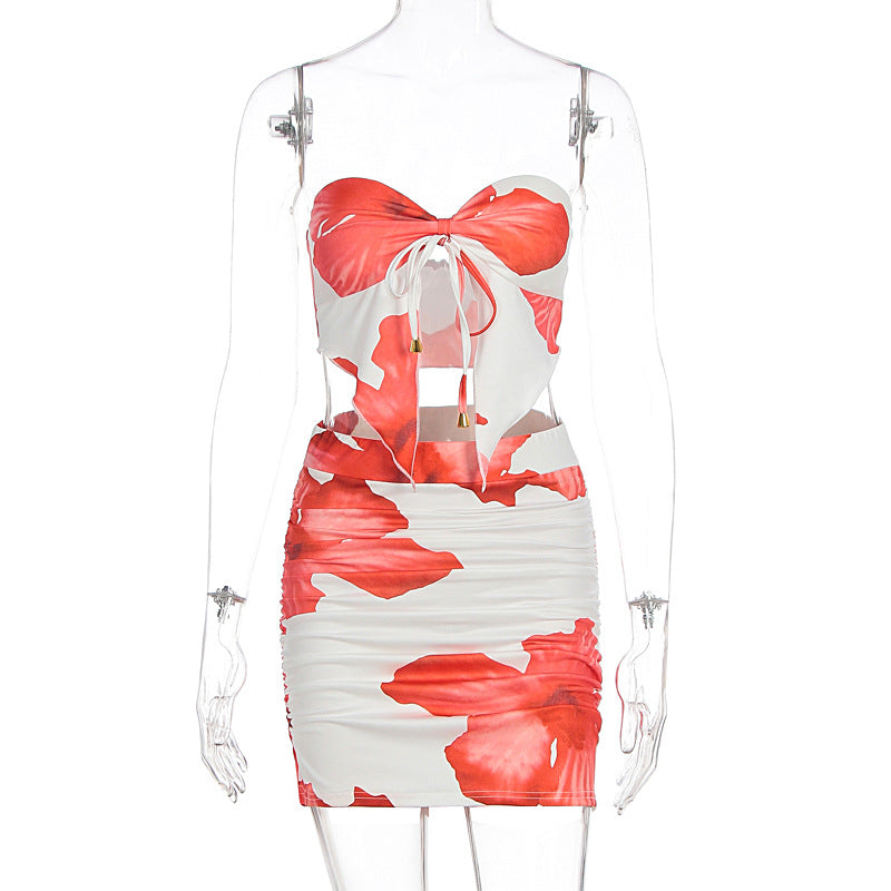 Women Clothing Summer Printed Sexy Tube Top Lace up Top Pleated Sheath Skirt Outfit