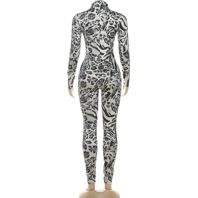 Fall Women Clothing Leopard Print Half Turtleneck Sexy Tight Sexy One Piece Pants