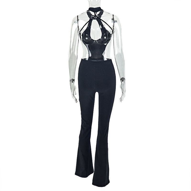 Women Clothing Design Hollow Out Cutout out Slim Fit Halter Jumpsuit Solid Color Backless Sexy Sheath Long Jumpsuit