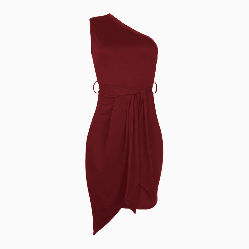 Summer Solid Color Sleeveless Shoulder Irregular Asymmetric Lace-up Party Dress