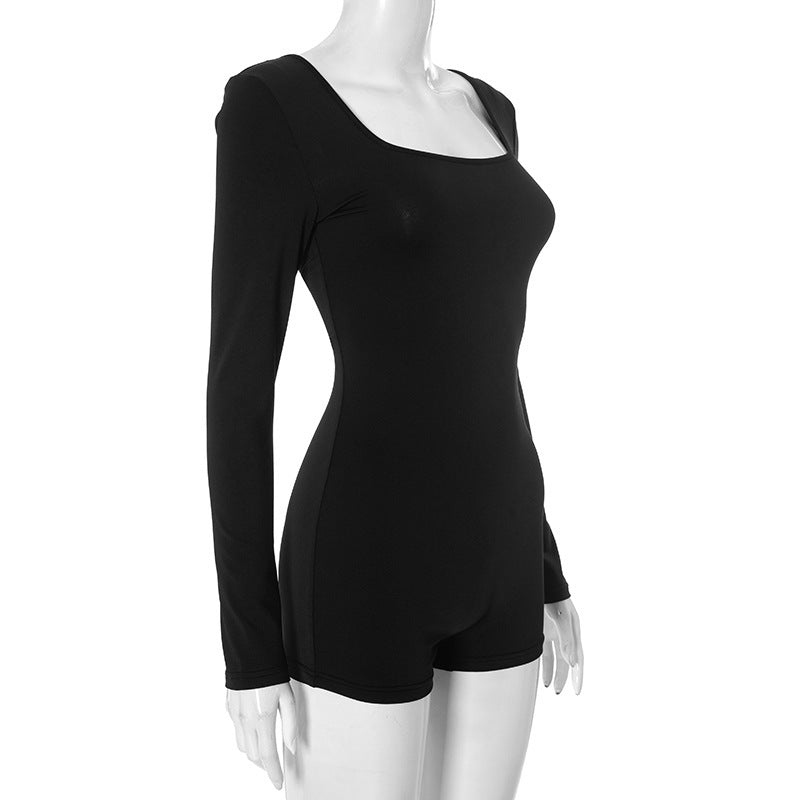 Women Clothing Summer Sexy Solid Color U Collar Backless Siamese Shorts