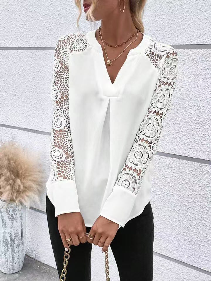 Stitching Embroidery Lace Sleeve Long Sleeve V neck Women Spring Summer Shirt Top