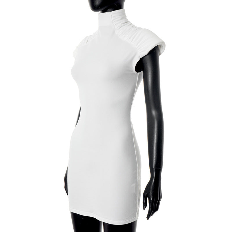 Women Clothing Summer Sexy Skinny Sheath Pleated Padded Shoulder Dress Women