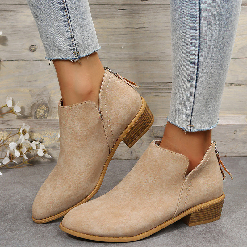 Four Seasons British Chunky Heel Ankle Boots Women Solid Color Pointed Toe Back Zipper Low Heel Shoes