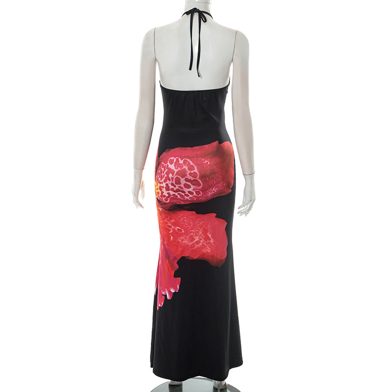 Women Floral Print Halter Lace up Sleeveless Backless Slim Fit Maxi Dress Women