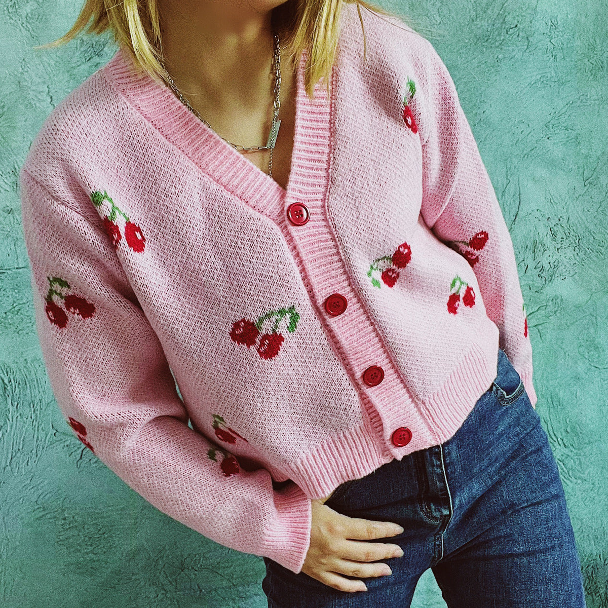 Autumn Winter Small Coat Single-Breasted Long Sleeve Short Sweater Cardigan for Women Sweet Cute Cherry Pattern