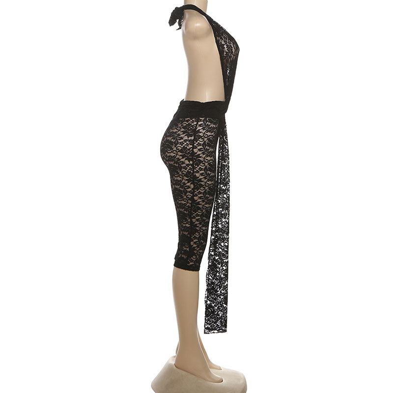 Autumn Winter Women Sexy Lace Halter Backless Ribbon High Waist Jumpsuit