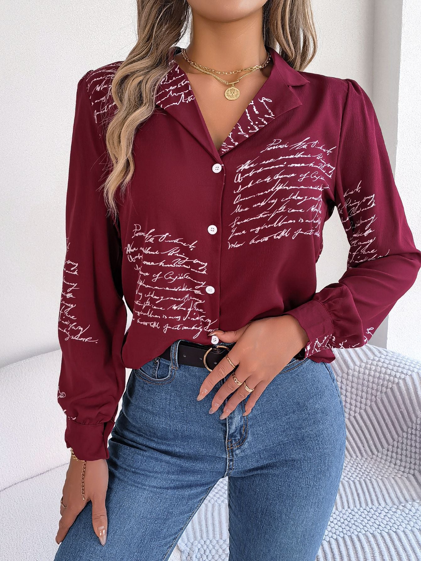 Autumn Winter Casual All Match Letters Suit Collar Long Sleeve Shirt Women Clothing