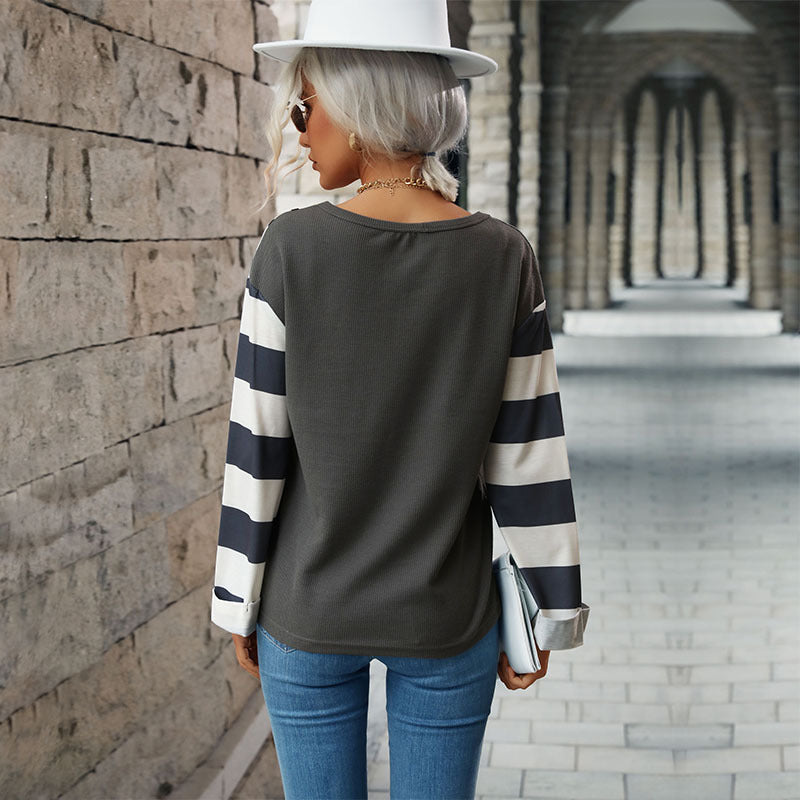 Autumn Winter Women Stitching Long-Sleeved Striped Sweater