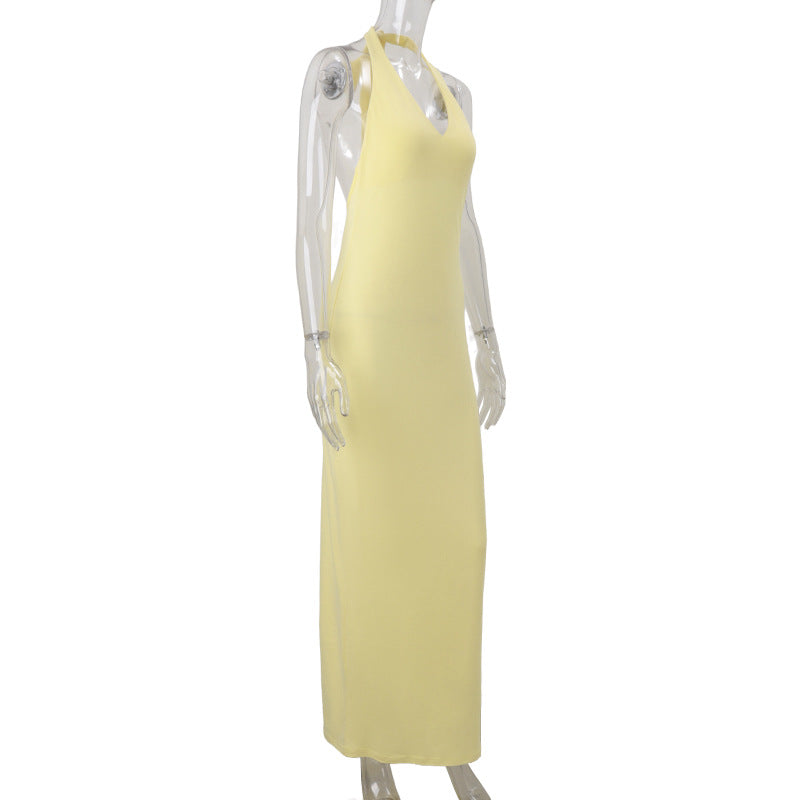 Women Clothing Summer Sexy V neck Halter Backless High Waist Slim Solid Color Dress