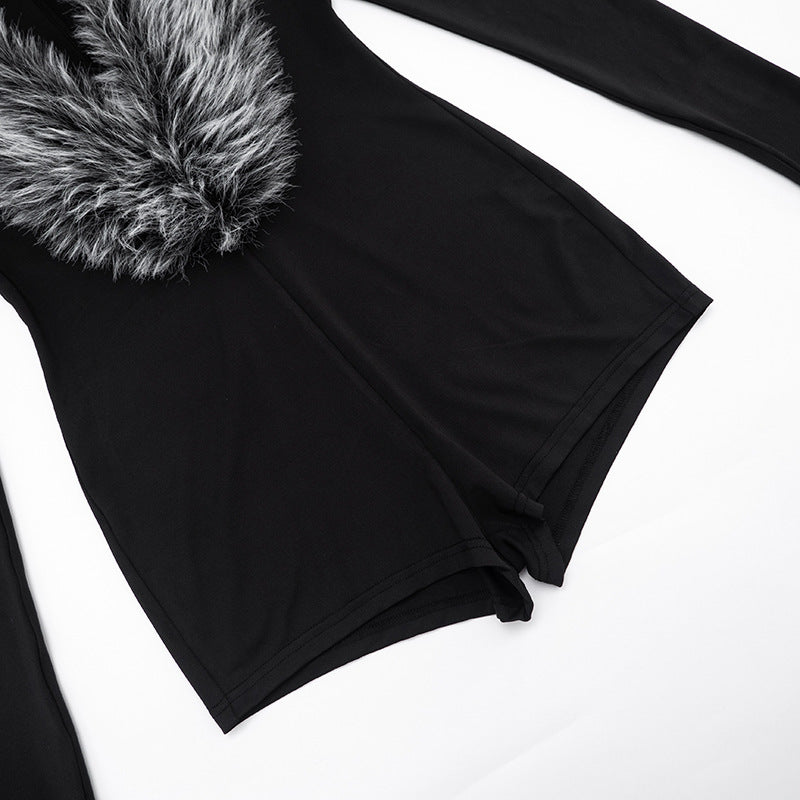 Women Clothing Autumn Winter Elegant Fur Collar Deep V Plunge Long Sleeve Tight Fitting Solid Color Elegant Romper