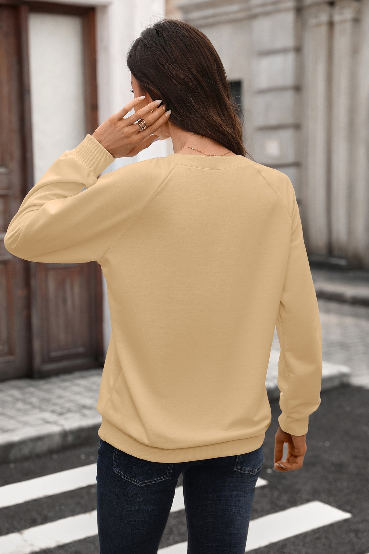 Autumn Winter Solid Color V neck Rib Stitching Loose Long Sleeve Sweatershirt Women