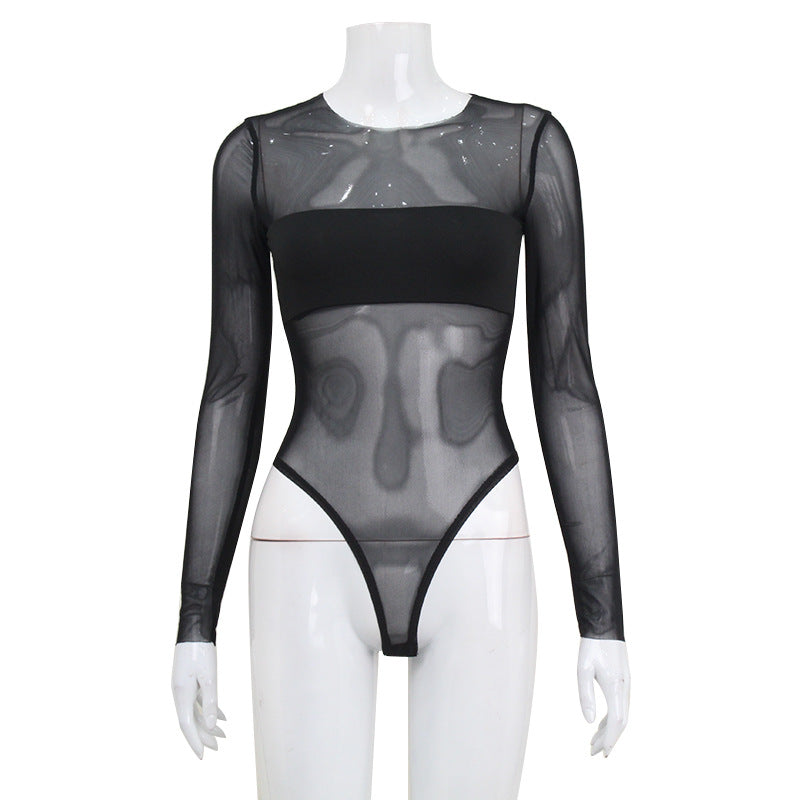Spring Women Clothing Mesh Sexy Long Sleeve Mesh Slimming Patchwork Sexy Jumpsuit Women