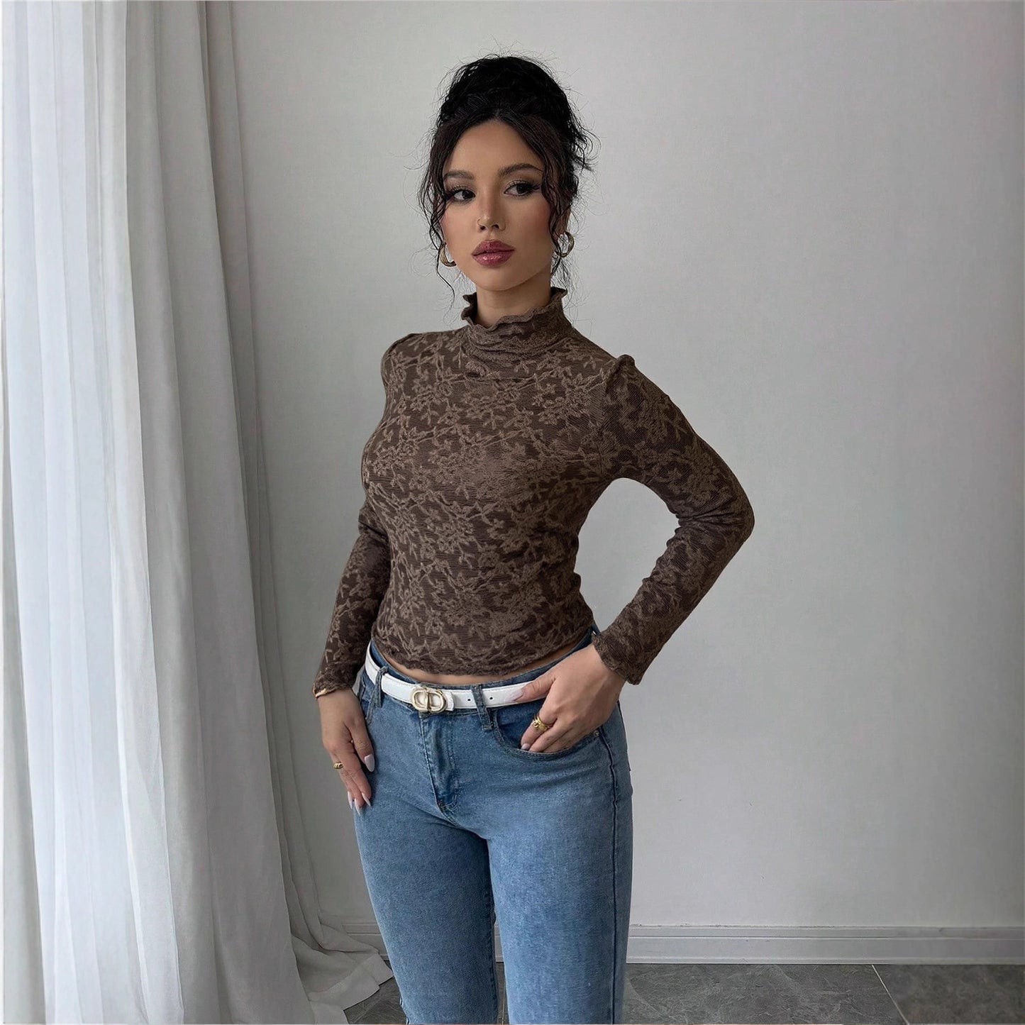Women Clothes Bottoming Shirt Autumn Winter Fleece Lined Keep Warm Inner Match Half Turtleneck Stitching Mesh Top