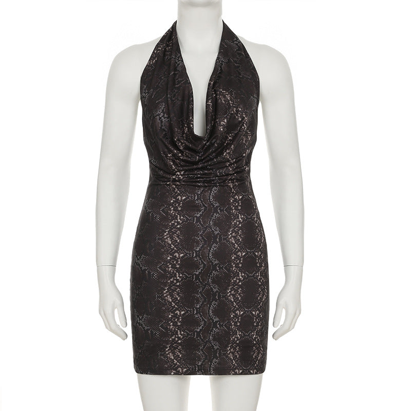 Metallic Glossy Features Swing Collar Sleeveless Halter Dress Backless Sheath Sexy Dress