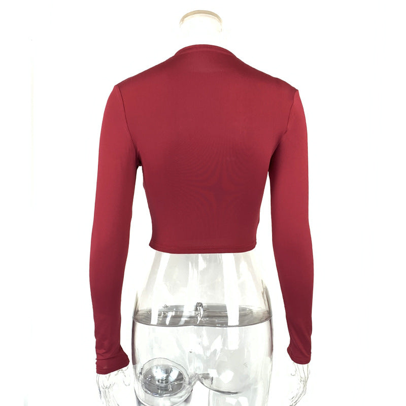 Women Clothing Autumn Solid Color Sexy Tight cropped Long Sleeve Half Turtleneck T shirt Bottoming Shirt