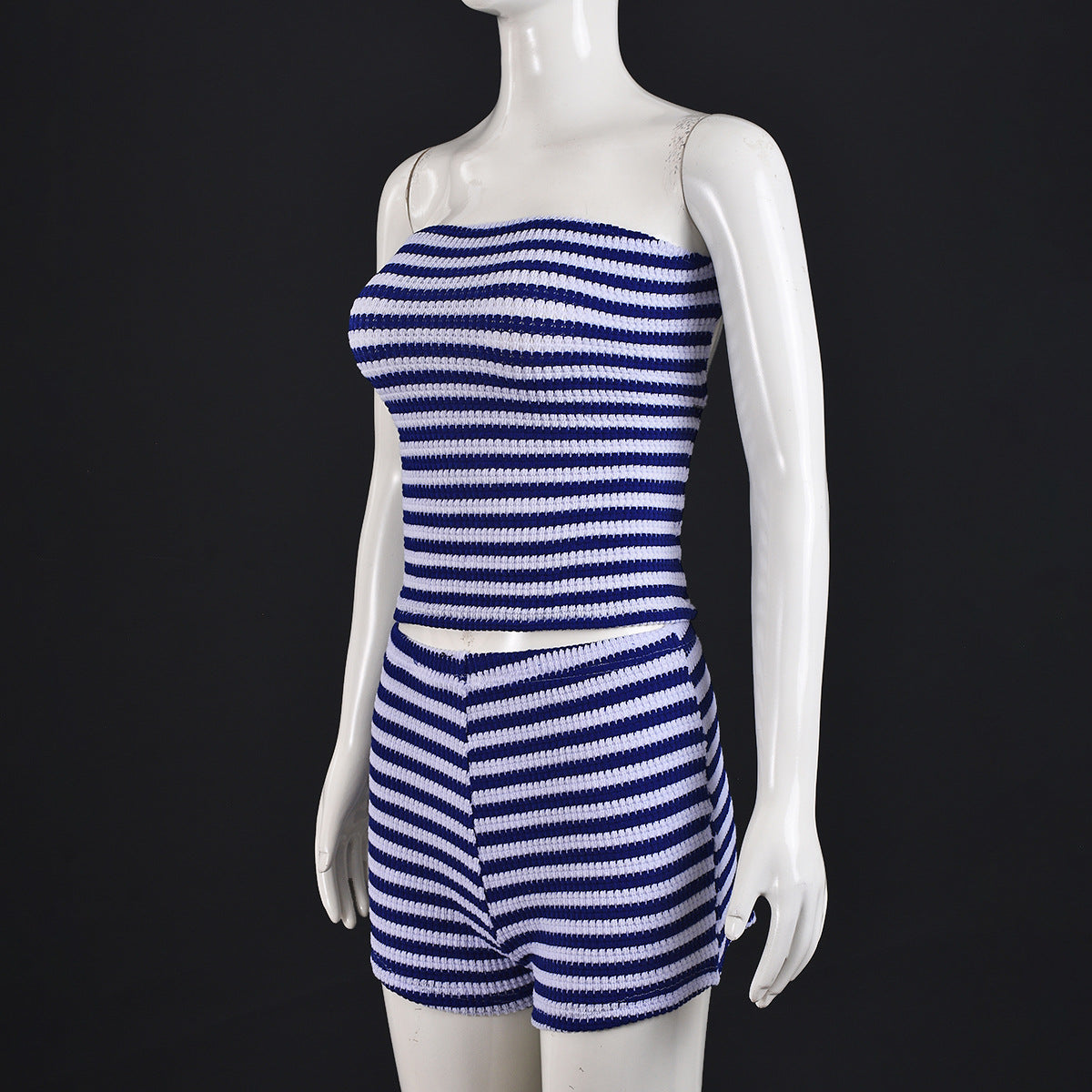 Women Clothing Internet Expert Bandeau Sexy Cropped Exposed Mixed Color Stripe Shorts Two Piece Sets