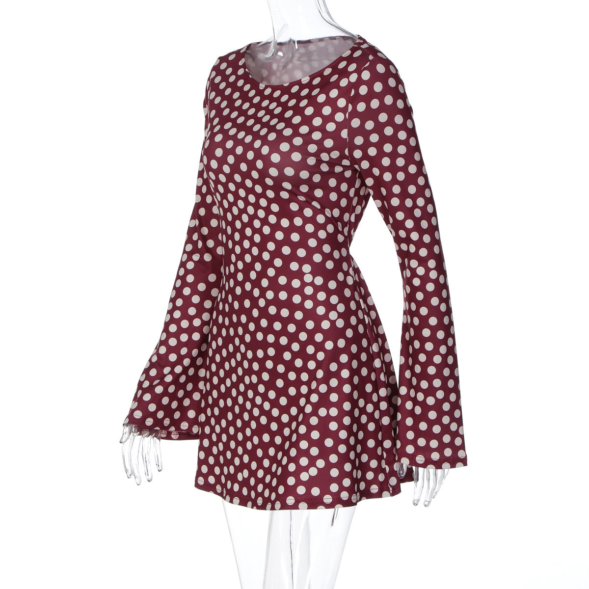 Women Clothing Autumn Polka Dot Print Slim Fresh Long Sleeve Short Dress
