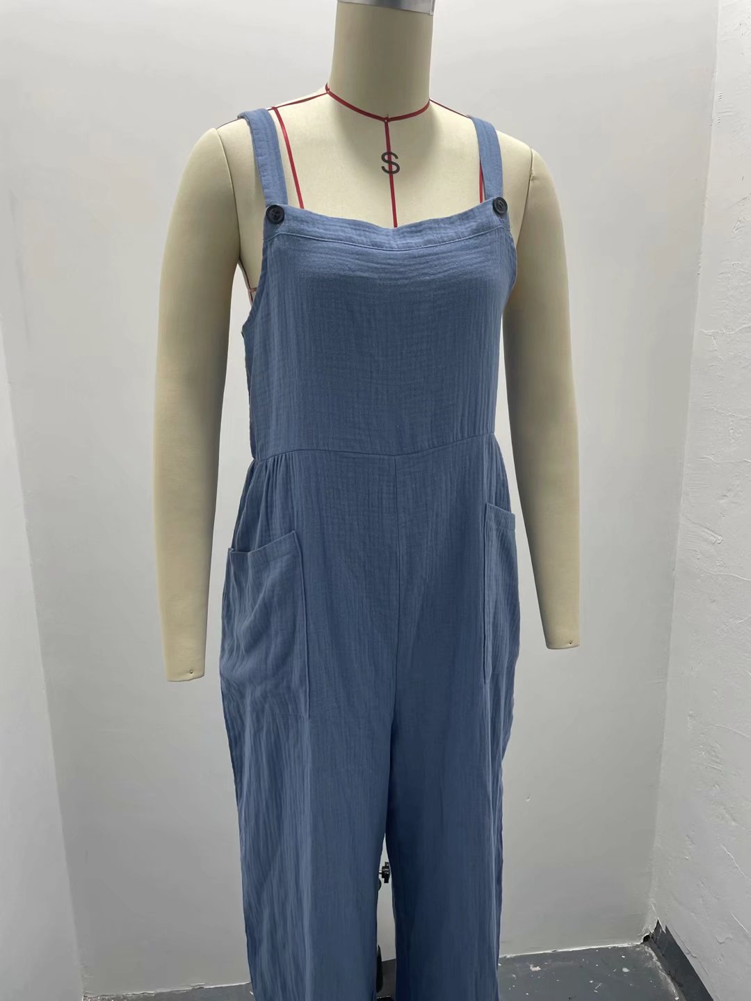 Summer Women Casual Solid Color Pocket Square Collar Loose Overalls