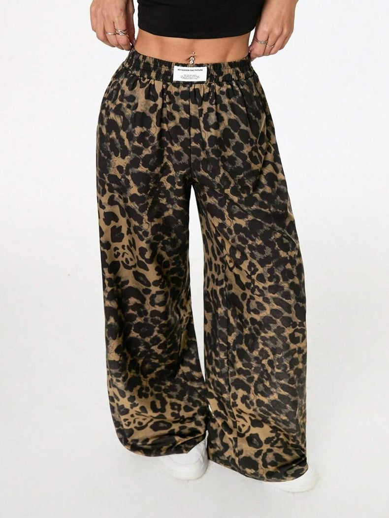 Women Winter Leopard Print Casual Pants Loose Elastic Waist Printed Wide Leg Trousers