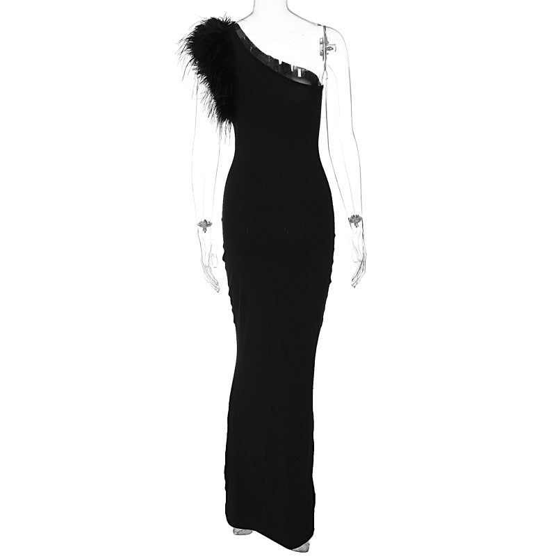 Dress Elegant Noble Solid Color Shoulder Stitching Feather Slim Slimming Long Evening Dress for Women