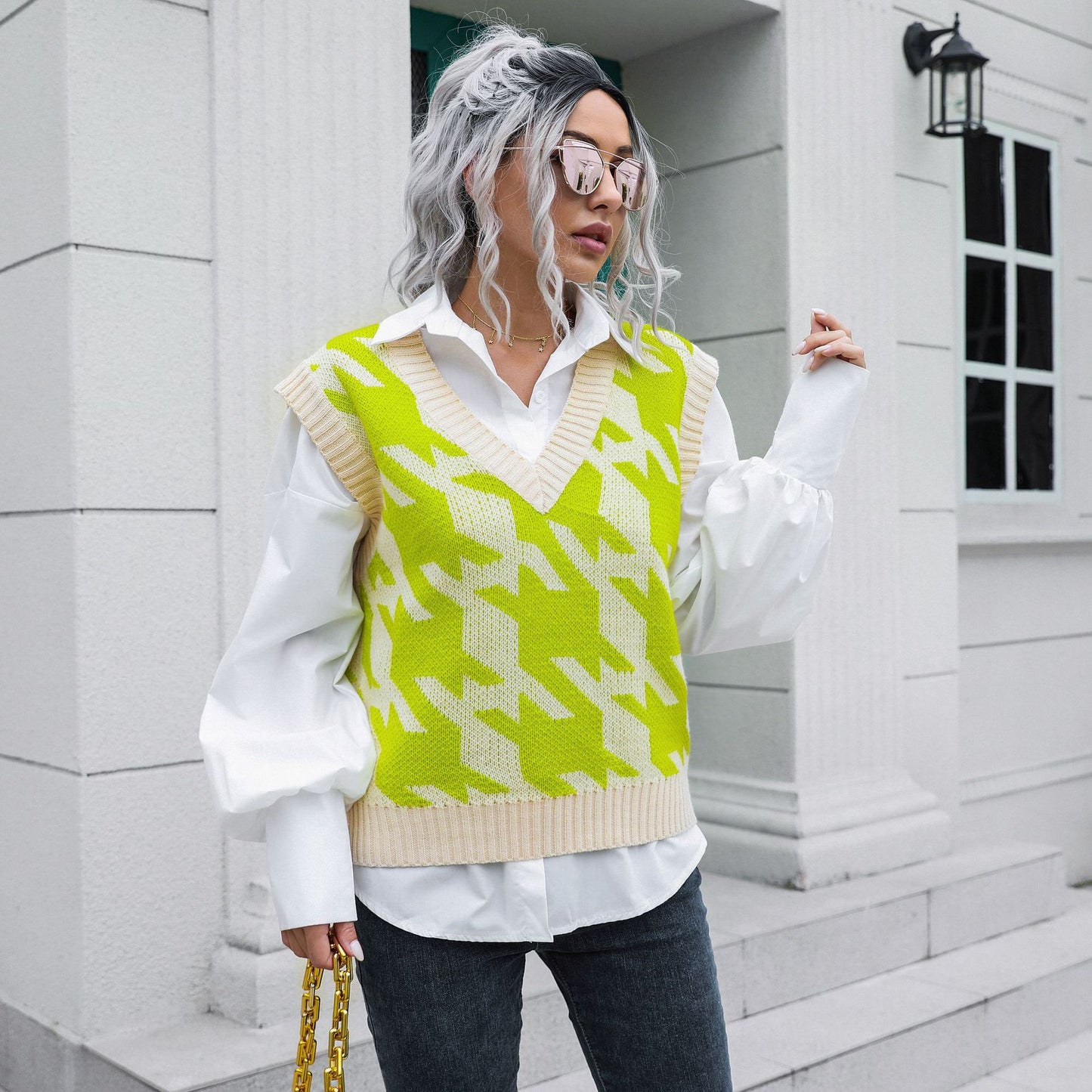 Houndstooth V-neck Vest Sweater Women Vest Outer Wear Inner Wear Autumn Winter Knitwear Sweater Boucle