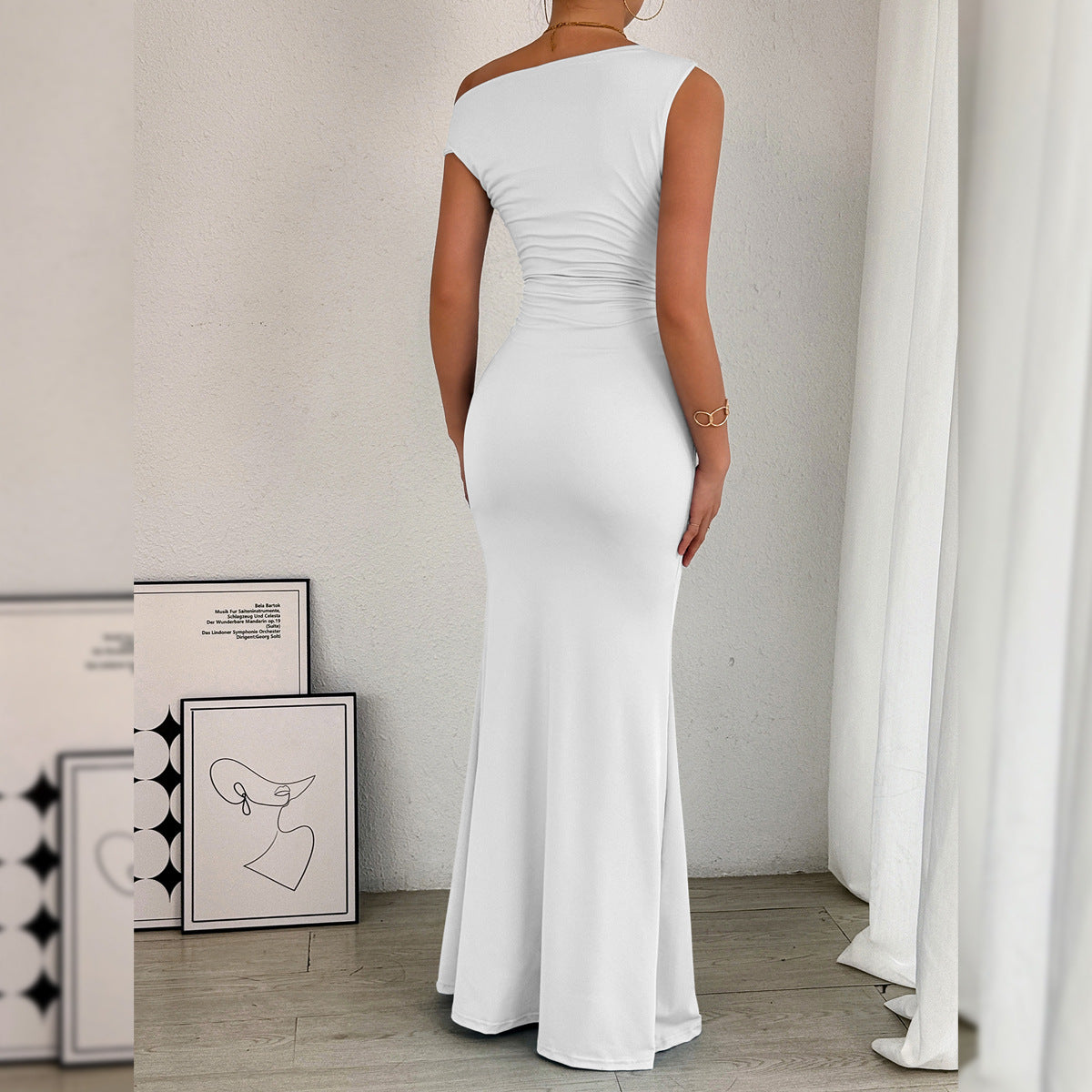 Women Fishtail Dress Slant Shoulder Collar Waist Pleated Sleeveless Sexy Dress