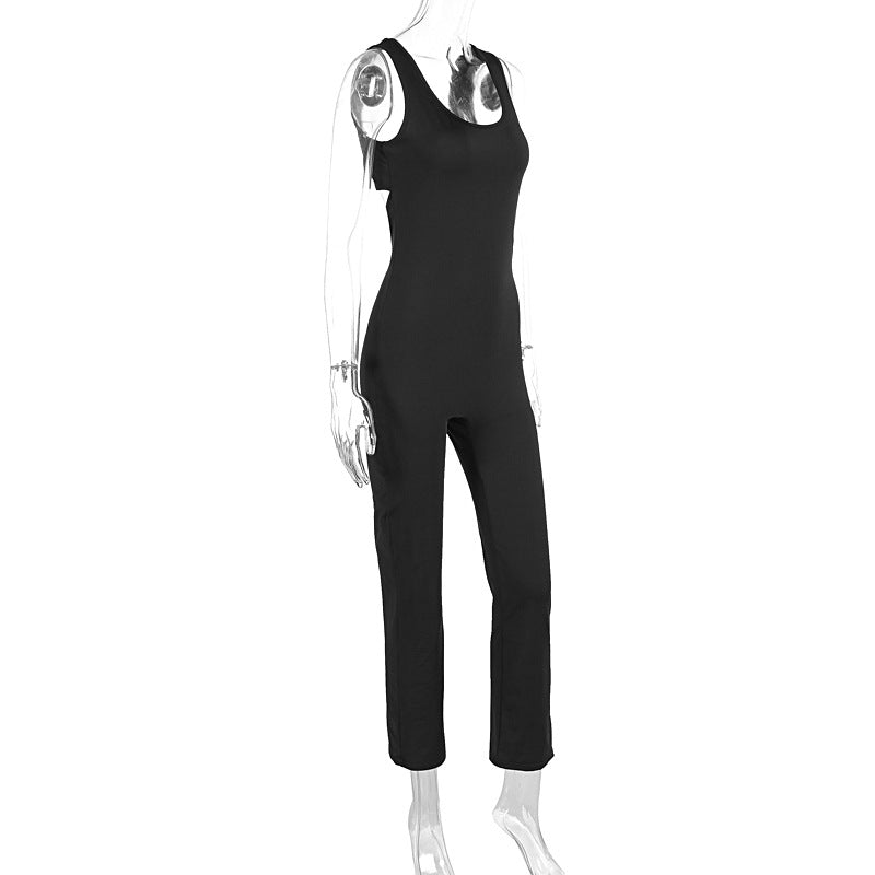 Women Clothing Summer Solid Color Sling Backless Hip Raise Skinny Sports Jumpsuit