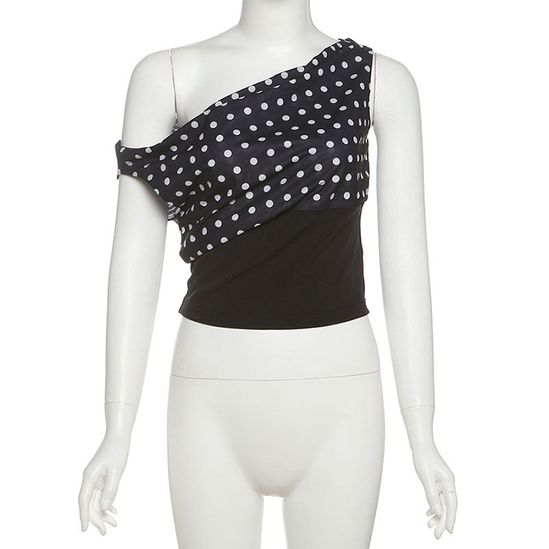Summer Women Clothing Retro Gentle Dot Sexy One Shoulder Cropped Waist Controlled Top Women