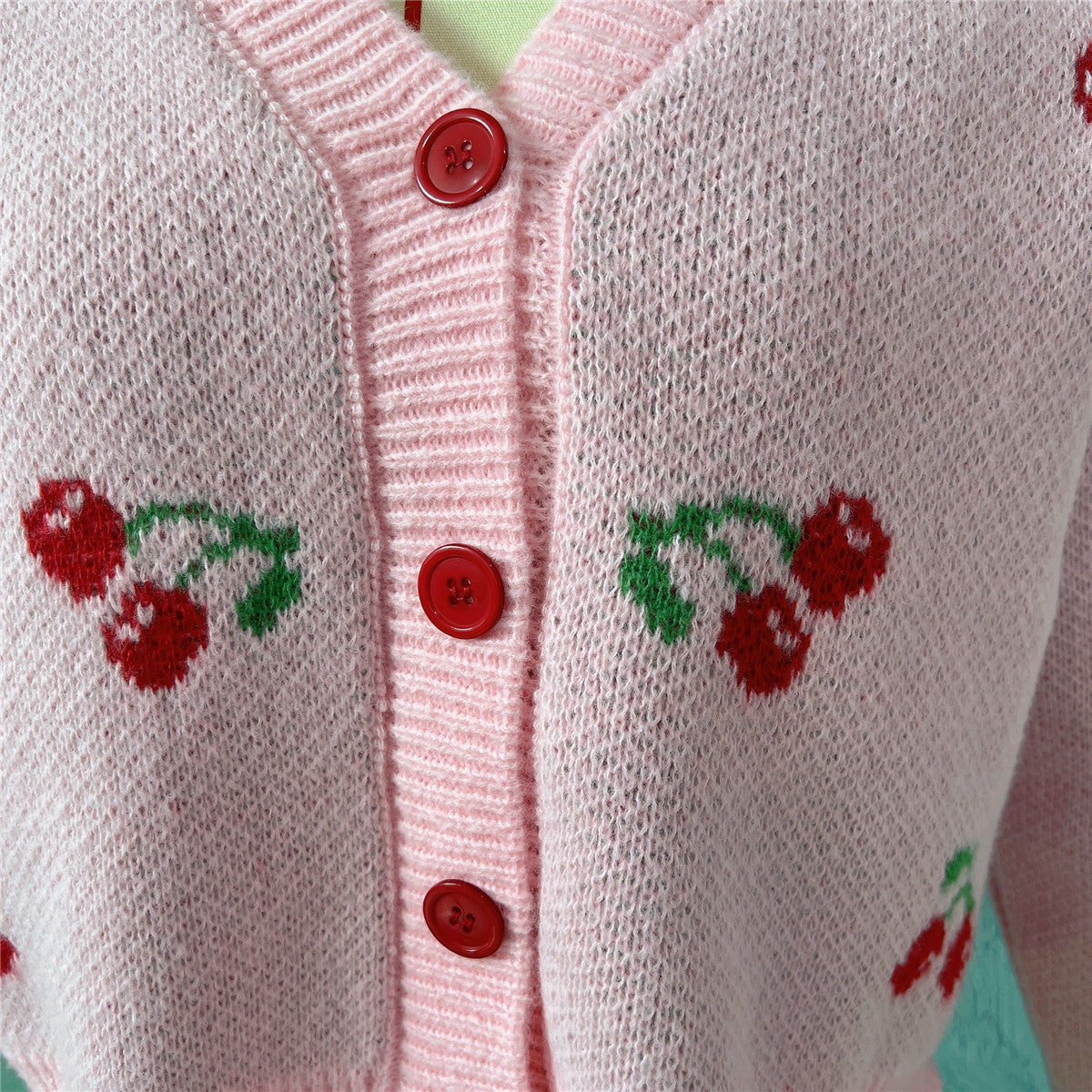 Autumn Winter Small Coat Single-Breasted Long Sleeve Short Sweater Cardigan for Women Sweet Cute Cherry Pattern