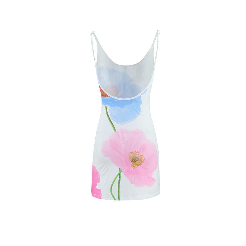 Summer Partysu Women Sling U Neck Backless Slim Fit A line Floral Print Dress