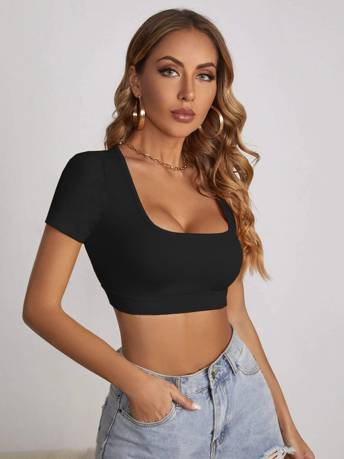 Women Clothing Summer New Square Collar cropped T-shirt Sexy Slim Street Short Sleeve
