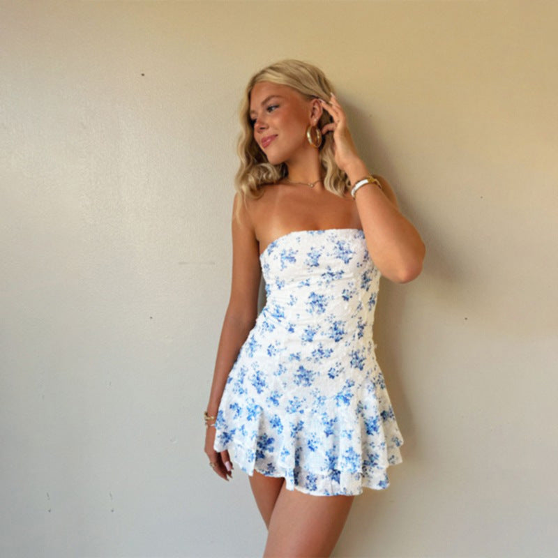 Autumn Hip Fashionable Elegant Slim-Fit Printed Tube Top A line Dress