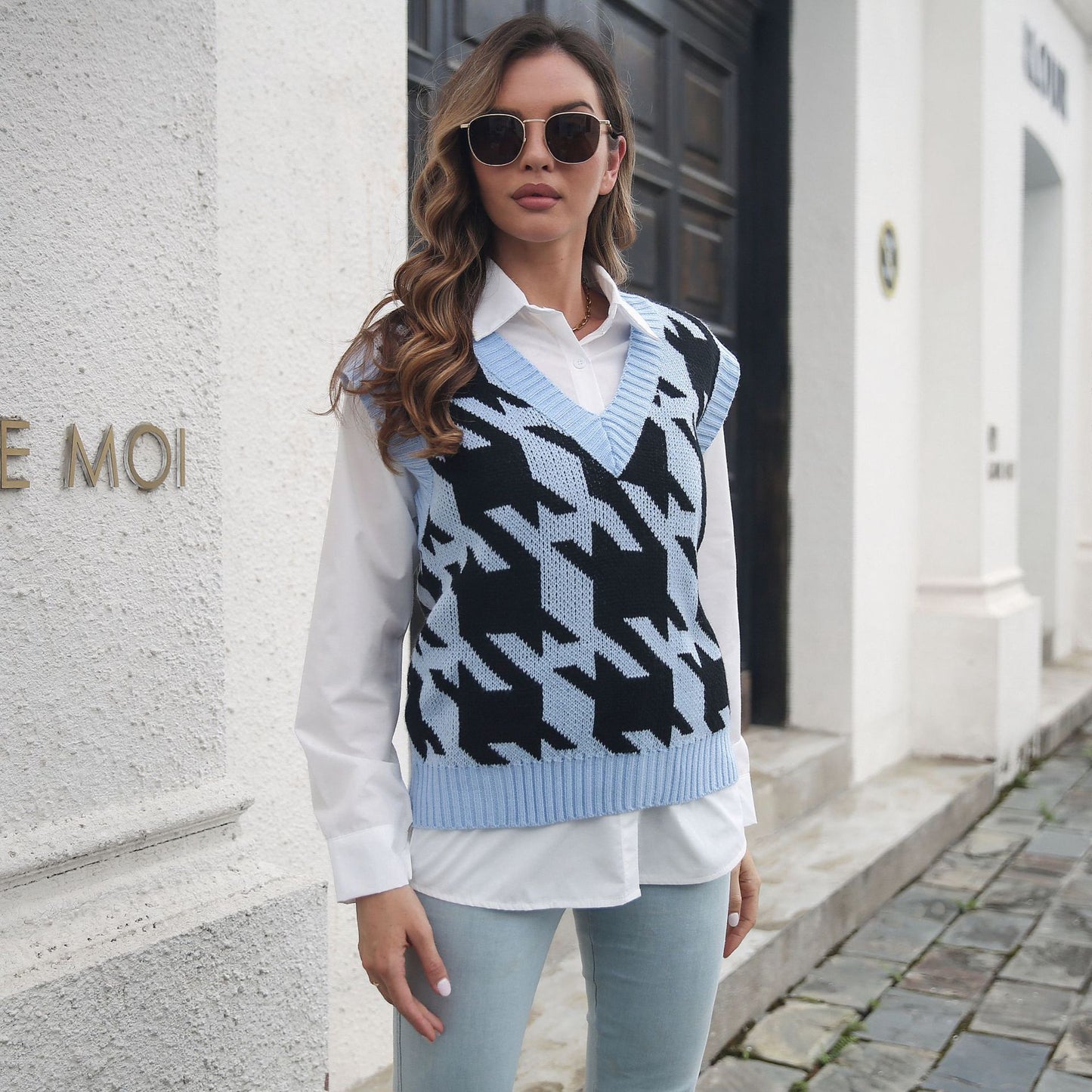 Houndstooth V-neck Vest Sweater Women Vest Outer Wear Inner Wear Autumn Winter Knitwear Sweater Boucle