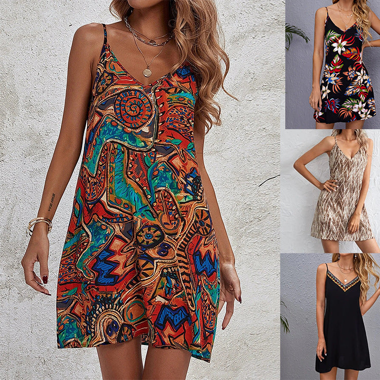 Summer Sexy V-neck Strap Backless Print Beach Boho Short Dress for Women