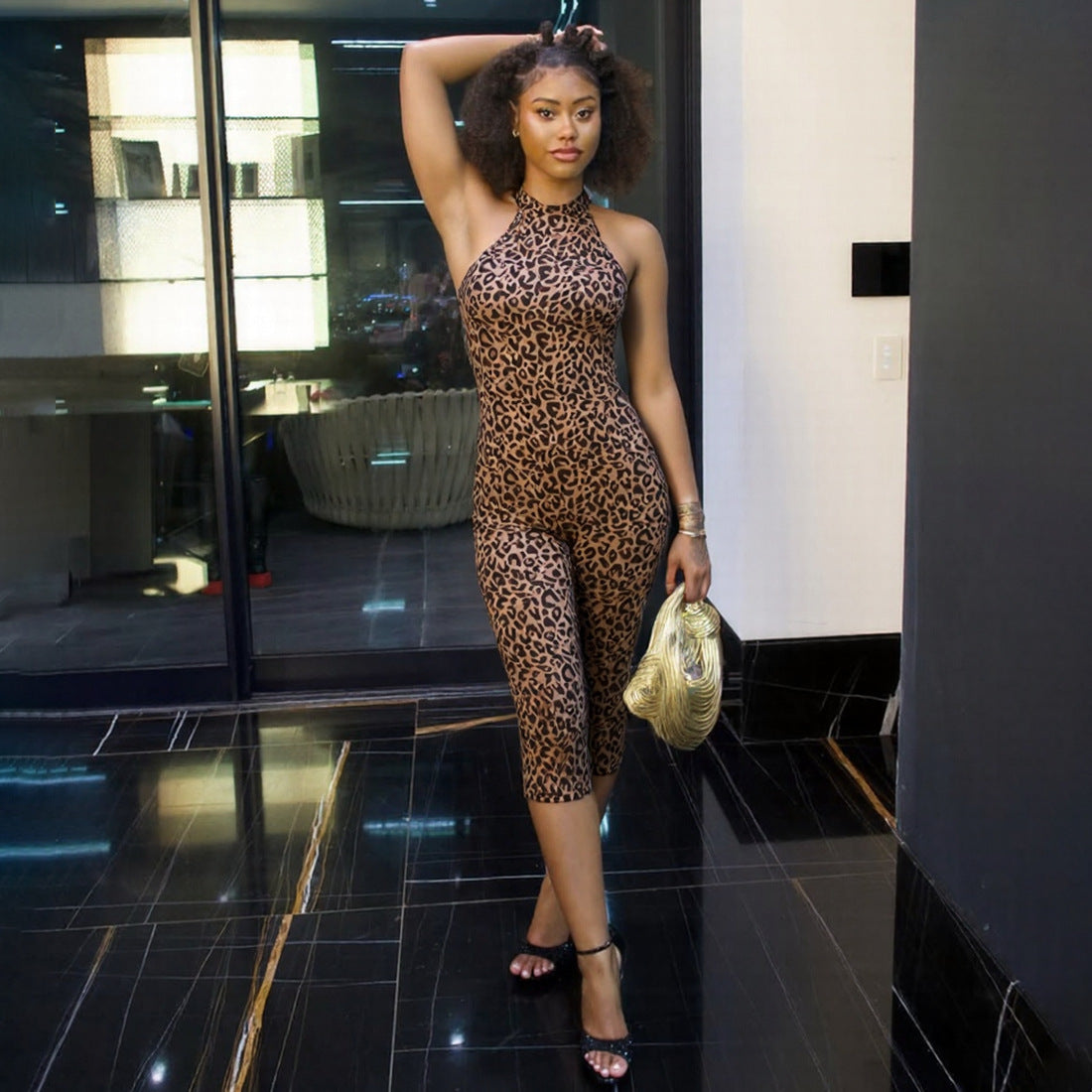 Autumn Winter Women Sexy Leopard Print Halter Strap Backless Slim Fit Cropped Jumpsuit