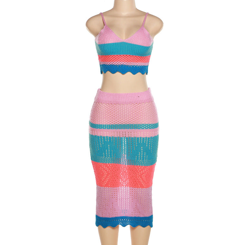 Women Clothing Autumn V Neck Sling Vest Elegant Slim Knitted Skirt Set