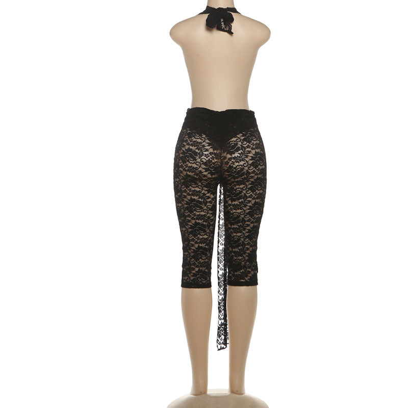Autumn Winter Women Sexy Lace Halter Backless Ribbon High Waist Jumpsuit
