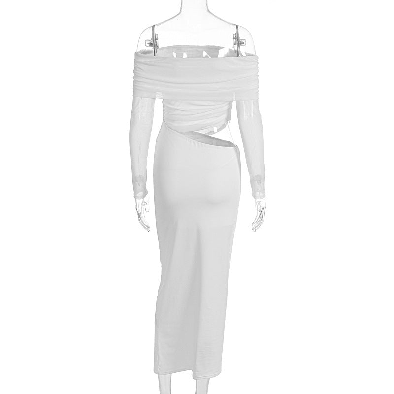 Summer Women Maxi Dress Sexy Mesh Stitching Slim Fit Tube Top Long Sleeve Dress
