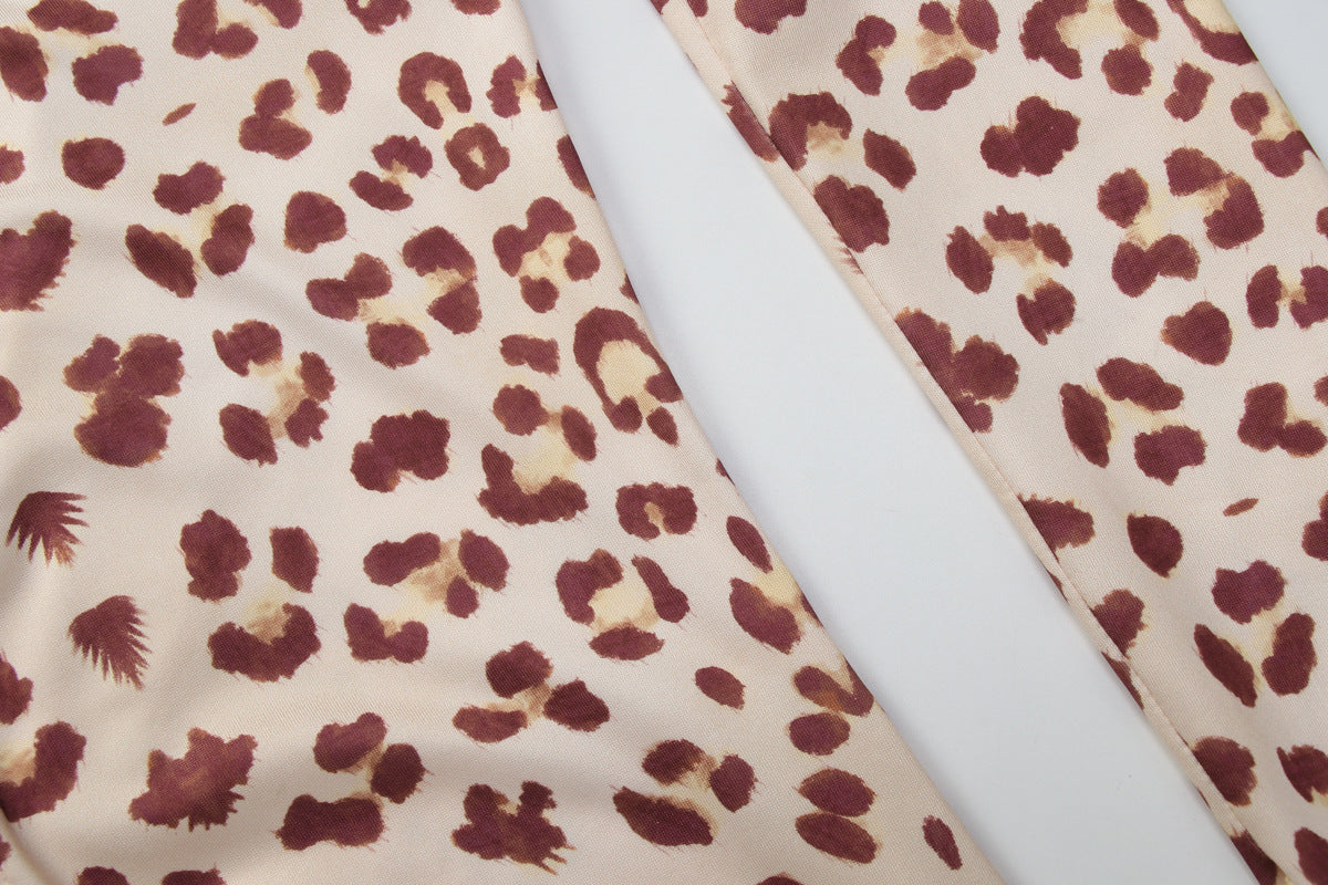 Autumn Winter Women Long Sleeved Leopard Print Flared Pants Zipper Cardigan Slim Fit Bodysuit