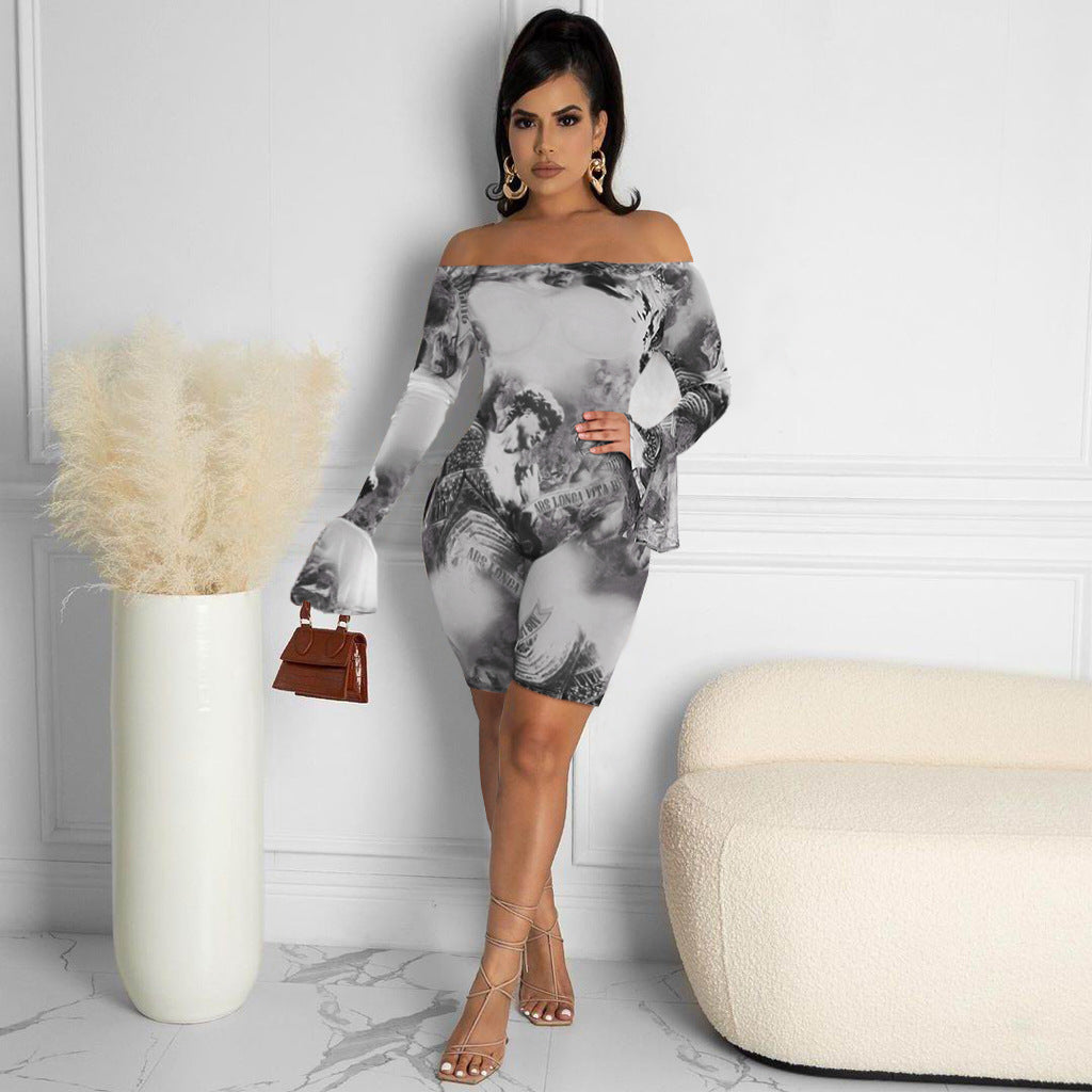 Women Clothing Nightclub Sexy Transparent Mesh Floral Print Bell Sleeve off Shoulder Jumpsuits