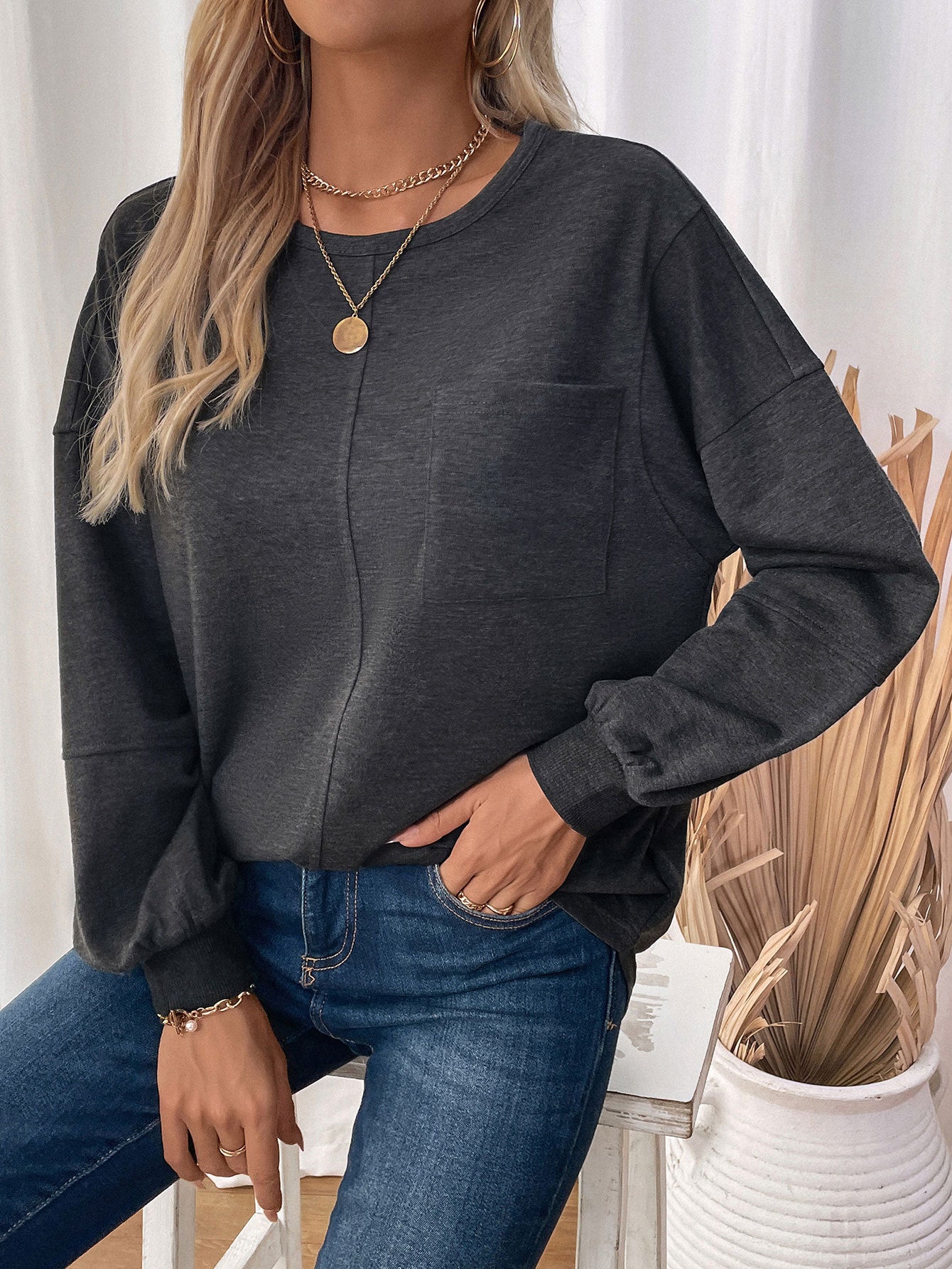 Top Autumn Women Clothing Long Sleeve Crew Neck Pullover Sweatshirt